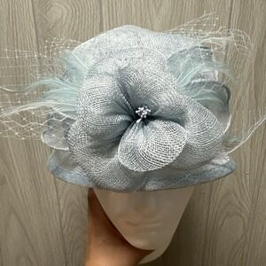 Blue Gray Feather Mesh Hat Woman Derby Hat Blue Wedding Hat Summer Mesh Hat Wome